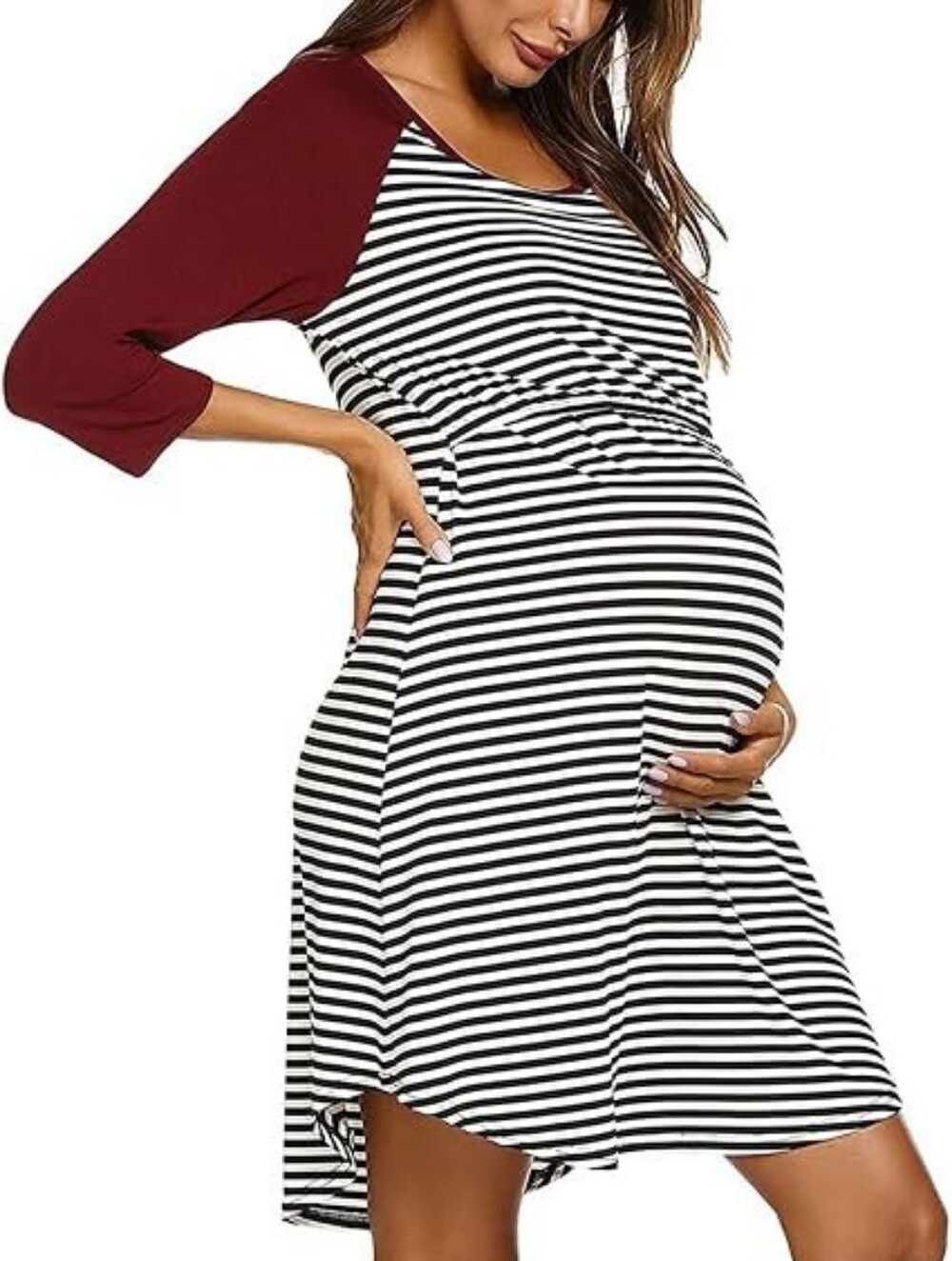 Nursing Black & White Striped Dress with Burgundy Raglan Sleeves